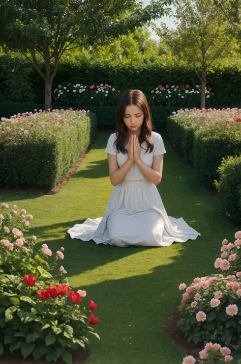 woman praying in a very beautiful garden with lots of flowers in the field