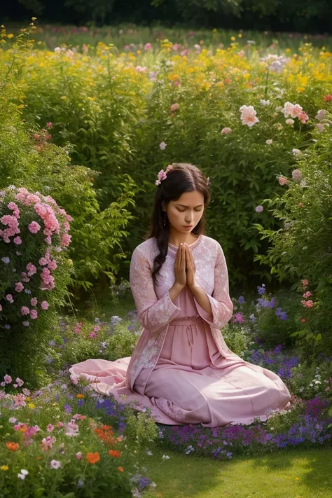 woman praying in a very beautiful garden with lots of flowers in the field