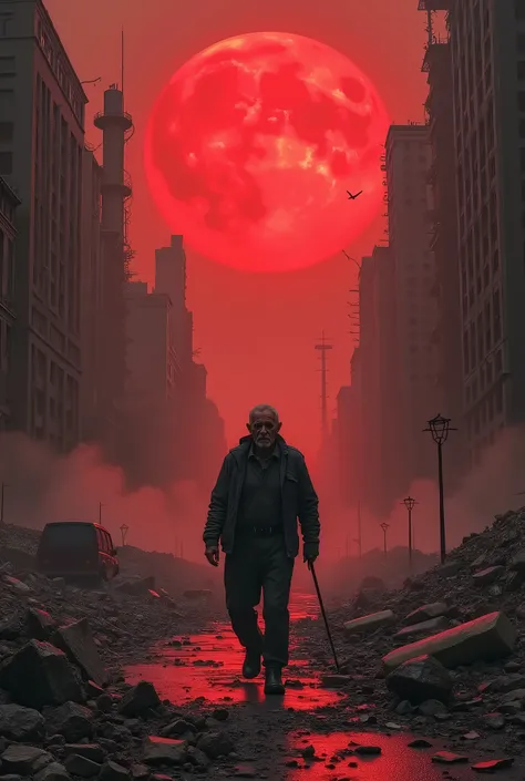 An old man walks through a destroyed and abandoned city. In the sky a red moon emanates red light over the city.