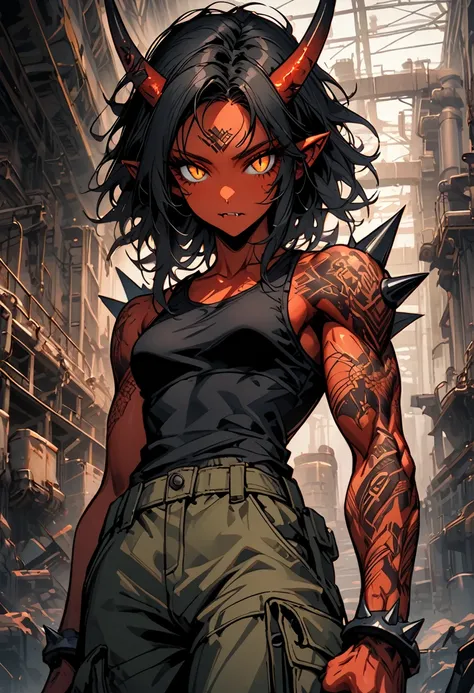 solo, female, oni girl, close up, deep crimson skin, two curved horns protruding from her forehead, orange eyes, slit pupils, short black hair, spiky_hair, lone fang, clawed hands, short arm spikes, tattoos, broad shoulders, stocky build, muscular, tight-f...