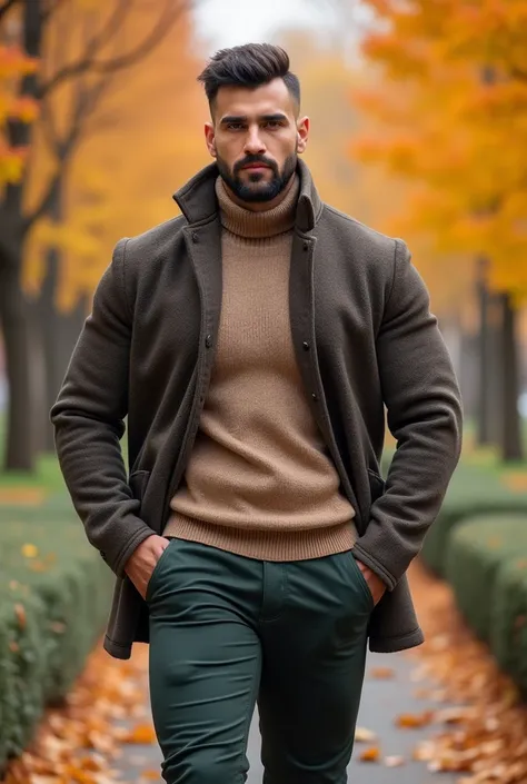 Handsome man, sleeveless t-shirt, Manly and sexy in casual clothes, with a modern, Vibrant winter suede in fashion., strong and muscular legs, large lump, Ultra realistic 8k masterpiece detailed with great detail the autumn park. , close up , bodybuilder, ...