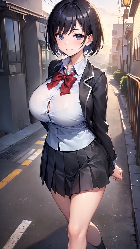 ​(morning, crossing, neighborhood, schoolway :1.4), high resolution, extremely detailed CG, unity 8k wallpaper, super detailed skin, perfect anatomy, detailed, cinematic lighting, dynamic lighting, beautiful detailed eyes, black short hair, (smile:1.2)、(lo...