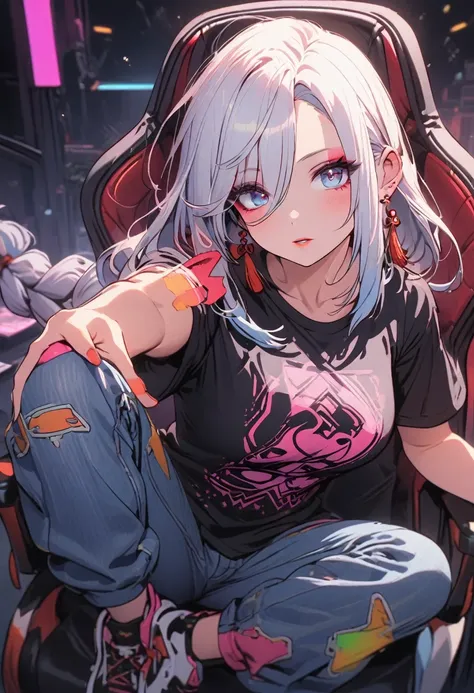 a gamer girl in a graphic tee, baggy jeans, and stylish sneakers, beautiful detailed eyes, beautiful detailed lips, extremely detailed face, longeyelashes, sitting on a gaming chair, gaming setup with a pc, rgb lighting, neon colors, cinematic lighting, vi...