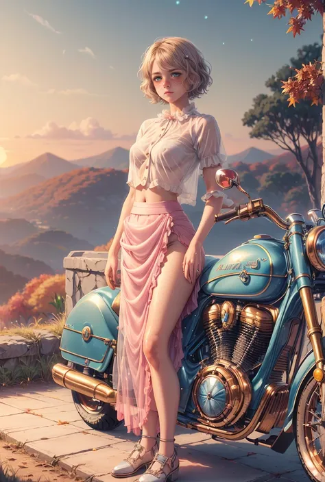 (((realistic))), (a girl stand front a vintage motocycle:1.79), girl focus, ((see through white frilly shirt:1.3), (full shot), ...