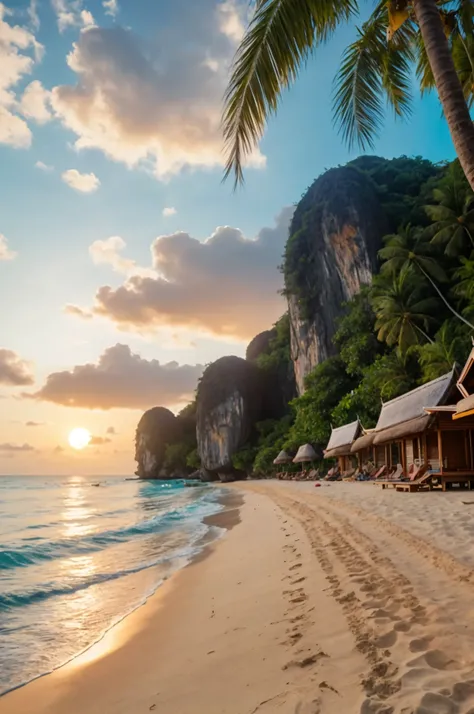 a breathtaking tropical beach in thailand, crystal clear turquoise waters, white sandy beach, palm trees swaying in the breeze, idyllic seaside landscape, beautiful sunset sky with warm golden light, swimsuit-clad people relaxing on the beach, surfers ridi...