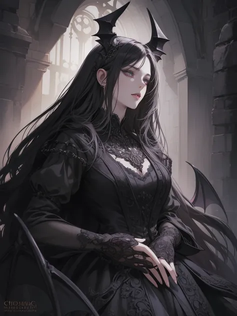 intricate detailed demonic female figure, alluring seductive expression, piercing eyes, sharp fangs, dark horns, flowing raven hair, elegant gothic dress, intricate jewelry, dark mysterious background, dramatic chiaroscuro lighting, dramatic fantasy art, c...