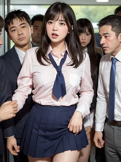 A very beautiful girl with a baby face and a torn school uniform walking in front of middle-aged men in sexy underwear, A beautiful woman, She is molested by horny middle-aged men and the surrounding audience in collusion., In a shameful pose, she screams ...