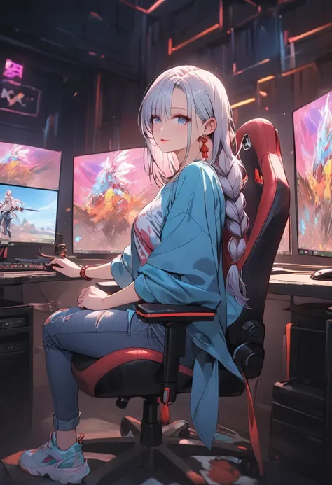 a gamer girl in a graphic tee, baggy jeans, and stylish sneakers, beautiful detailed eyes, beautiful detailed lips, extremely detailed face, longeyelashes, sitting on a gaming chair, gaming setup with a pc, rgb lighting, neon colors, cinematic lighting, vi...