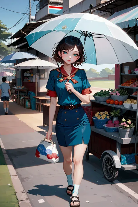 pretty woman, walking at street food market, holding an umbrella at sunny day, she has dark brown curly hair (+forehead, shoulder length hair), wearing short sleeves shirt, teal denim pencil skirt, white socks, black sandals, BREAK,((best quality,4k,8k,hig...