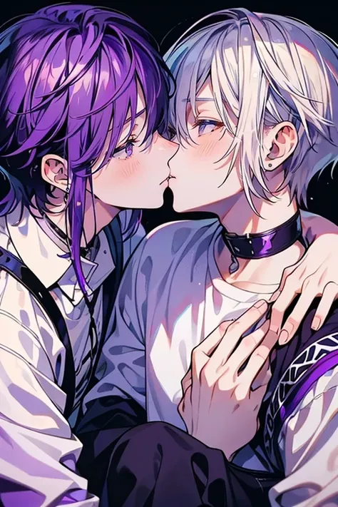 (muste piece), (best quality), very detailed, ((two men intimate)), perfect face, very beautiful face, very detailed顔，(purple haired man:1.3)，(white haired man:1.3)，shirt，kiss