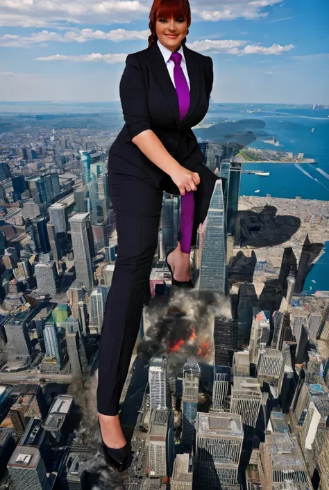 Giantess art, giga giantess in distance, a group of multiple women with beautiful curves, massive thighs, bright ginger hair in a fishtail braid, lipstick, wearing a perfect grey pinstriped trouser and blazer suit, crisp white shirt, and a large purple tie...