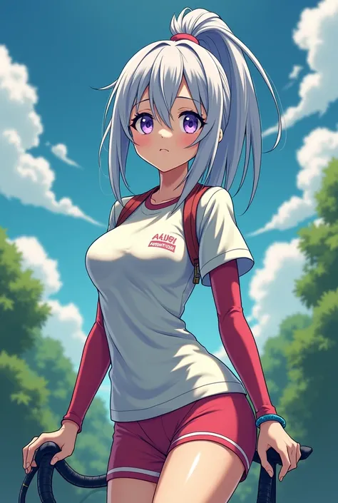 HD、Animation style、white hair 、Purple Eyes、girl、plump breasts 、High school student 、single ponytail、Baseball player、Light color short sleeve top、Long sleeve red underwear、Good shape、Thin、sash、Sky、cloud、sunny、Cycling