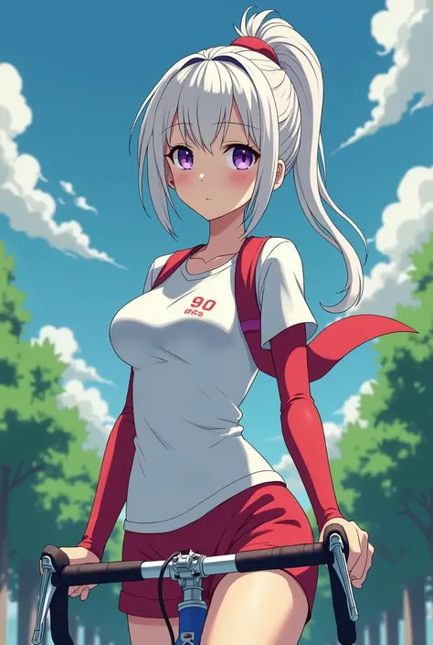 HD、Animation style、white hair 、Purple Eyes、girl、plump breasts 、High school student 、single ponytail、Baseball player、Light color short sleeve top、Long sleeve red underwear、Good shape、Thin、sash、Sky、cloud、sunny、Cycling