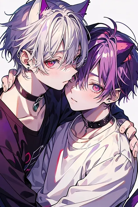 (muste piece), (best quality), very detailed, ((two men intimate)), perfect face, very beautiful face, very detailed顔，(purple haired red eyes man:1.3)，(white haired cat ear, silver eyes man:1.3)，shirt，kissing