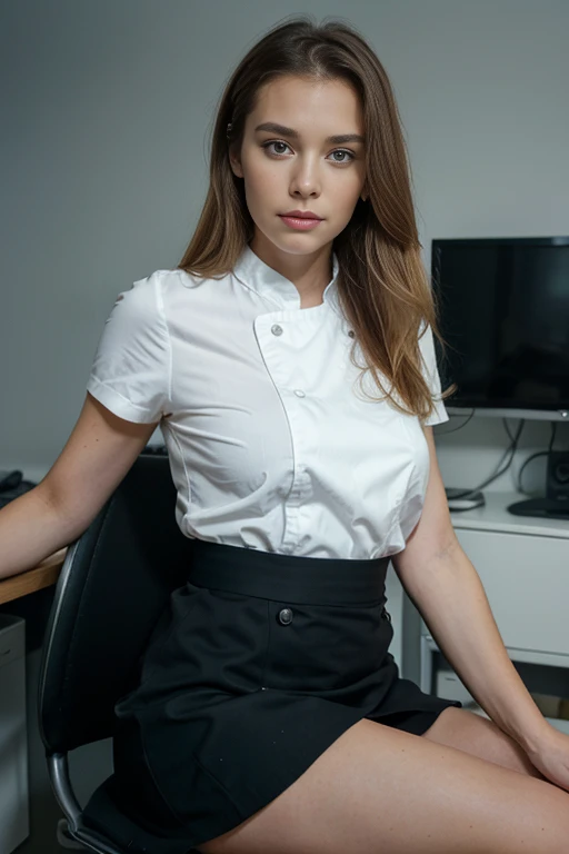 belle blonde, wearing, formal dark formal dress and formal skirt in a modern spacious office, sitting on desk with legs folded, with, a blurred modern office background, backdrop, in a typical office sitting position, adresse provocatrice, debout, corps en...