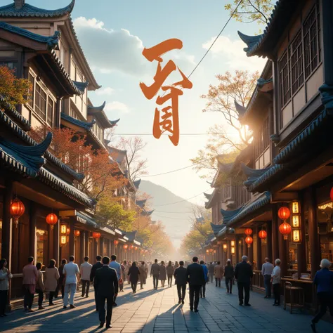 Chengdu city, The brush words "Cheng Du " are written directly above the picture, In the early morning of Jinli Ancient Street, a ray of sunshine shines through the ancient eaves and corners on the bluestone road. The shops on both sides gradually open the...