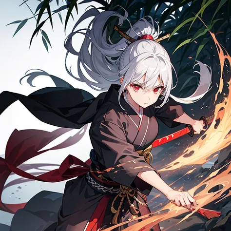 woman, Silver ponytail, Red eyes,Right hand in Iaigiri stance with Japanese sword,The blade is slightly protruding,Wearing a kimono, Bamboo forest in the background