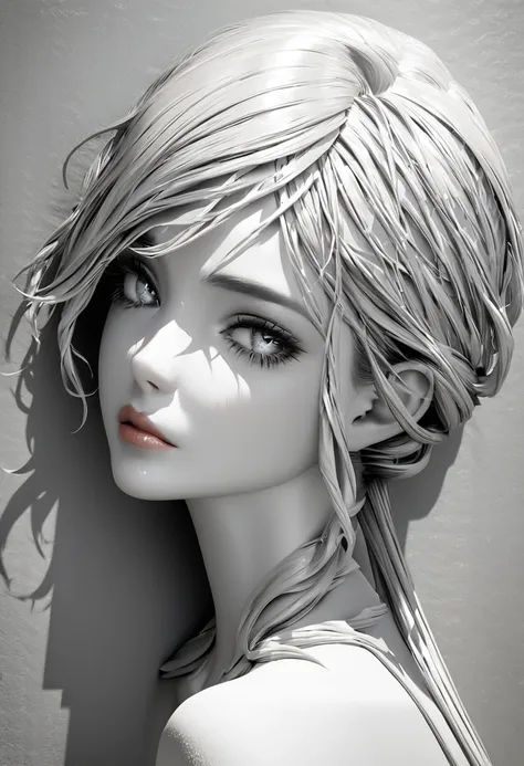 monochrome, pencil art, cool beauty with languid expression, attractive eyes, sexy lips, portrait, BREAK delicate dynamic texture, light and shadow contrast, 3D rendering, artistic photography, ultra-realistic, digital graphic CG, BREAK ultra-detailed, abs...