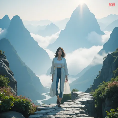 Chengdu city, confident model, logo text "ChengDu" above the picture. In Qingcheng Mountain, early morning clouds and fogs surround the mountainside. The mountain paths are winding and winding, and the mountains in the distance are looming, as if you are i...