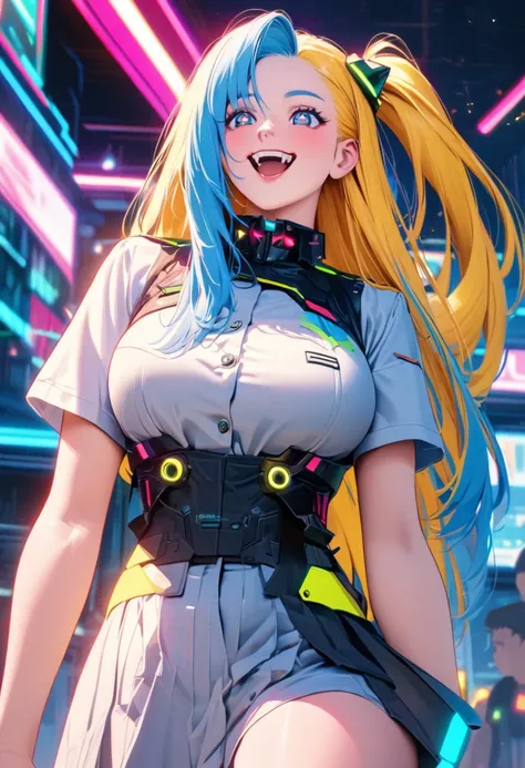 cyberpunk costume, school uniform, long hair, straight hair, side ponytail, yellow hair, blue hair, hairpods, longeyelashes, pupils sparkling, happy, large breasts, cowboy shot, high details, textured skin, accurate, highres, 1990s (style)