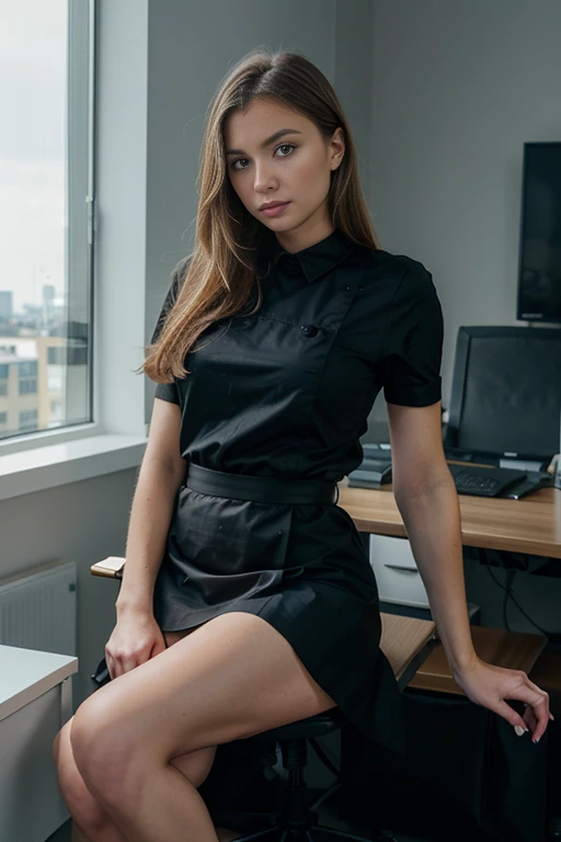 belle blonde, formal dark formal dress and formal skirt in a modern spacious office, sitting on desk with legs folded, with, a blurred modern office background, backdrop, in a typical office sitting position, adresse provocatrice, debout, corps entier, con...