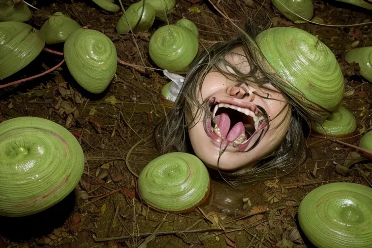 Super Real Photo、japanese horror movie footage, japanese horror, junji ito style, scene from live action movie、Parasitic mucus in the brain of a Japanese person around 1960、A slimy unidentified creature clinging to people vagina style