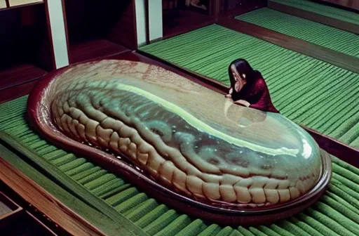 Super Real Photo、japanese horror movie footage, japanese horror, junji ito style, scene from live action movie、Parasitic mucus in the brain of a Japanese person around 1960、A slimy unidentified creature clinging to people vagina style