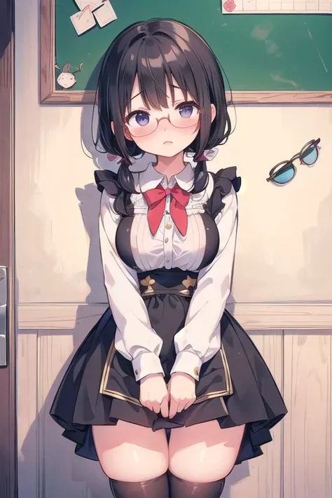 1 Cute naughty peasant girl, medium breasts, Thighs, black hair, short hair, (low twintails), glasses, (anxious face:1,2、blush:1.2, quiet personality:1.2, shy), at the adventurers guild, A bulletin board with posted paper