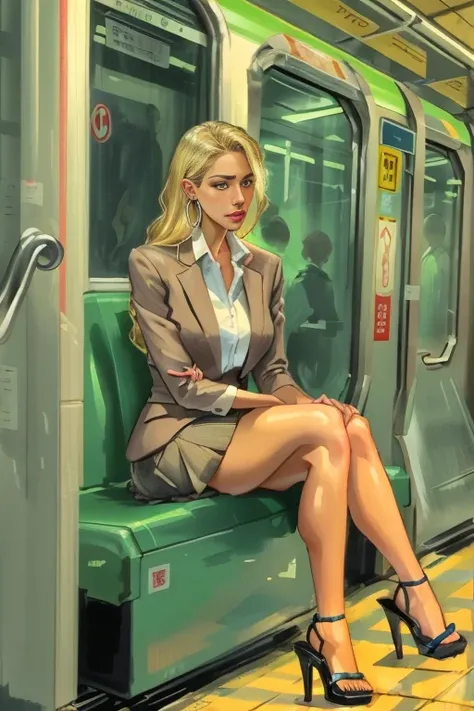 European, blonde girl, slim legs, Curvy hips, a full body shot, High-heeled sandals, tights on the net, STILETTO HEELS, Womens business suit with a short skirt, large ring earrings, Takes the subway, sits, An expression of shame on his face, confusion, des...