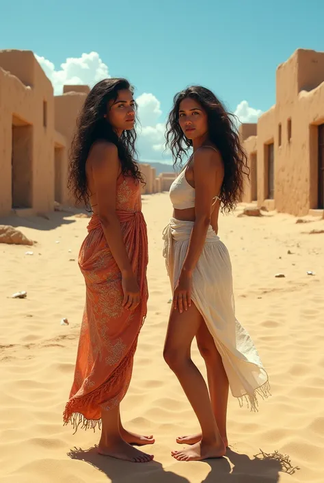 A town in the desert. Full body shot of two latin teenage girls. Wearing loose tunics. Barefoot, tanned, curly hair. Photorealistic, intricate details, detailed feet, detailed faces