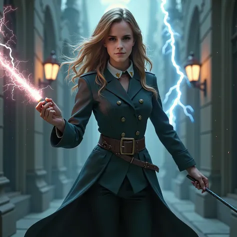 A woman in uniform holding a wand and a lightning bolt, Portraits inspired by Hermione Hammond, Trending on CG Society, The person on the other side, Hermione, Emma Watson as Harry Potter, Hermione granger, emma watson as Hermione granger, Emma Watson movi...