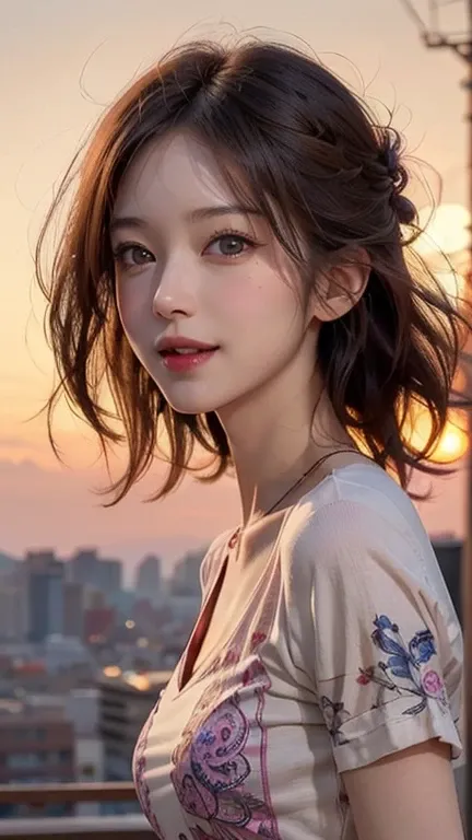 x mix girl,One Girl, wind, Messy Hair, sunset, Cityscape, (Aesthetics and atmosphere:1.2), ((Highly detailed face:1.6)),smile, Movie Girl, Short top shirt, Open your chest wide,Pink Paisley Pattern