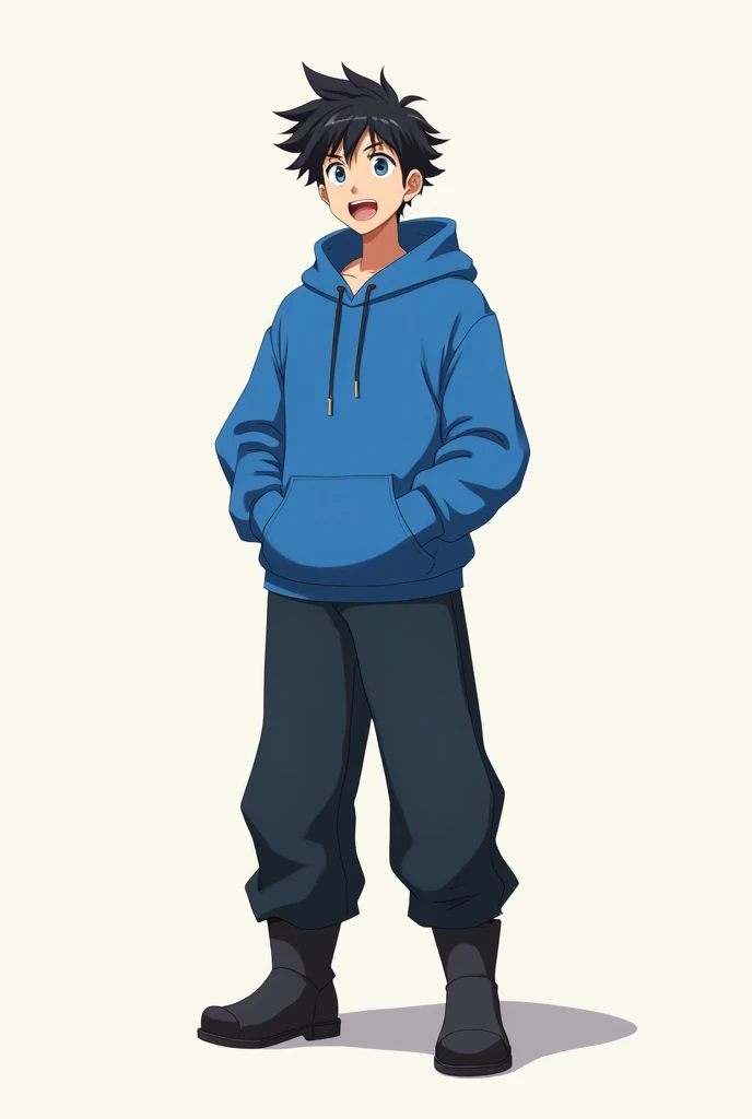 - Baki Hamna type hair - Blue sweatshirt - Dark baggy pants - Dark boots - Black hair - Eyes neither blue nor light blue, Intermediate.
Alone, blue eyes, brown hair, High resolution, simple background, animated style, Excited, man.