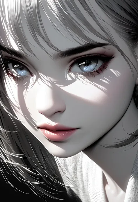 monochrome, pencil art, cool beauty, bored look and gestures, attractive eyes, sexy lips, portrait, BREAK delicate dynamic texture, light and shadow contrast, 3D rendering, artistic photography, ultra-realistic, digital graphic CG, BREAK ultra-detailed, ab...