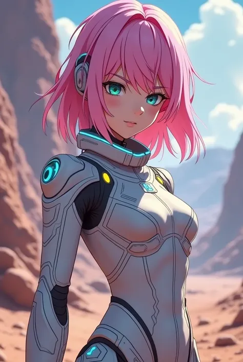 a girl with pink hair, futuristic spacesuit, fighting pose, anime style, detailed face, beautiful eyes, cinematic lighting, vibrant colors, 8k, hyper detailed, masterpiece