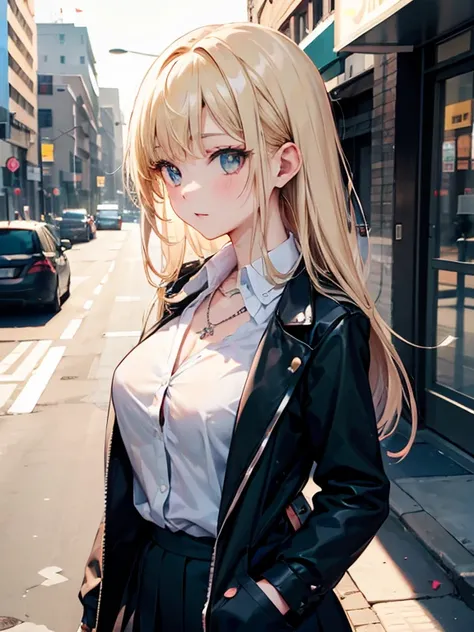 masterpiece, Best Quality, High resolution,Alone, Accurate human body、彼女はblackいタンクトップを着ています,Correct 5 fingers,Anime Girls、Long Hair,Blonde,Urban area,Woman walking on the sidewalk,  1 girl,open chest jacket, Open V-chest clothing, blackいトップスを着て白いハンドバッグを持って...