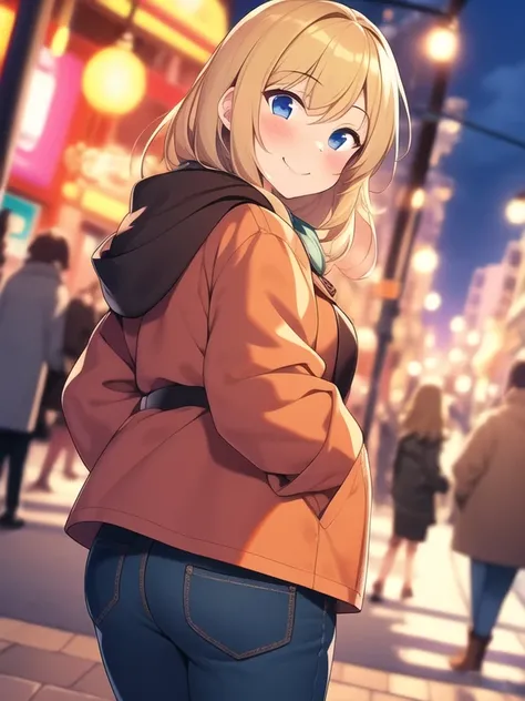 anime, 1 girl, solo, solo focus, blonde hair, blush, milf, plump, lovery, autumn, fall, evening, POV, dutch angle, smile, happy, laugh, light smile, half closed eyes , standing, In the city, boots, blurry background, street style, over size clothes, lookin...