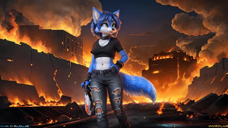 Star Fox Krystal, slim, green eyes, medium breasts, (((Long blue hair 1.3))),  ((black hair tips)), anthro, Fuzzy, Uploaded E621, detailed fluffy fur, (von Fluff-Kevlar, Bayard Wu, personalize me, Pino Daeni), (fluffy), 1 girl, Alone, (((in burned wastelan...