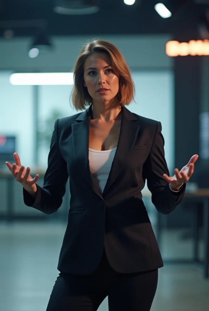 A sexy, athletic-looking influencer with light brown hair, dressed in a tight-fitting business suit, presenting during a onlifan segment.