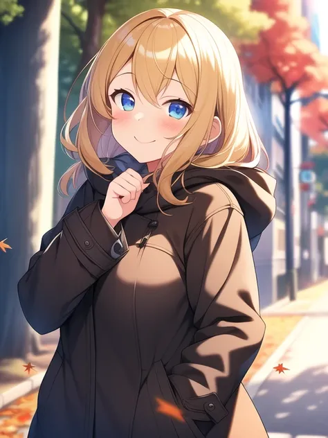 best quality, ultra-detailed, extremely detailed C, anime, 1 girl, solo, solo focus, blonde hair, blush, milf, plump, lovery, autumn, fall, evening, POV, dutch angle, smile, happy, laugh, light smile, half closed eyes , standing, In the city, boots, blurry...