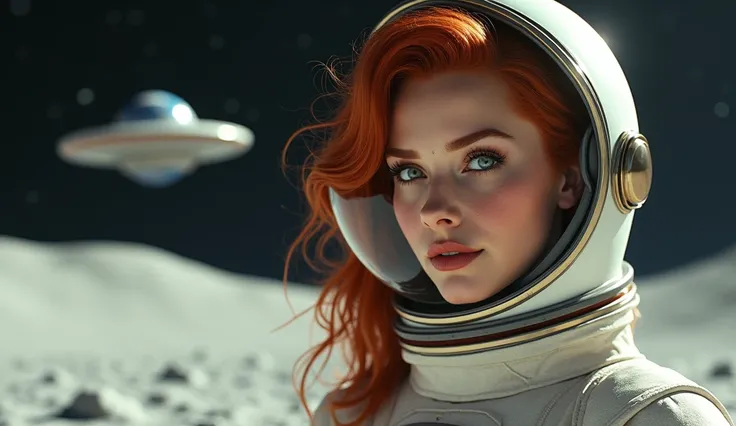 UFO 1970s very sexy redhead woman dressed as an astronaut on the moon