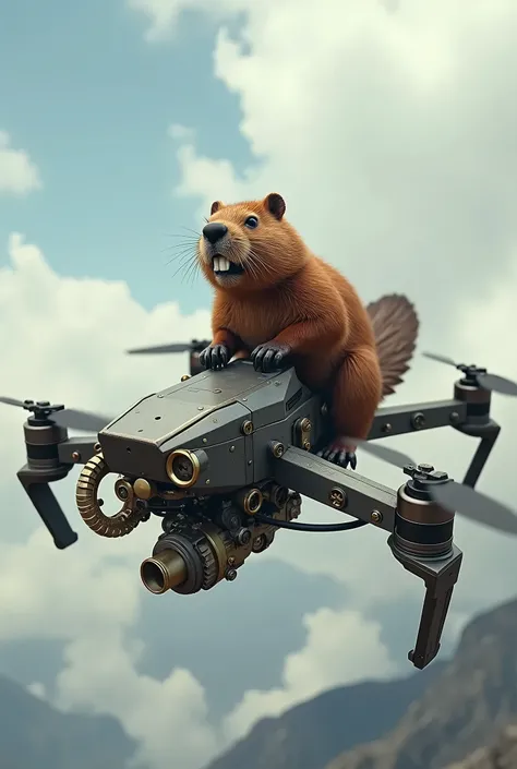 A majestic beaver riding on a high-tech quadcopter, aerial view, dynamic pose, mechanical details, brass and bronze elements, steampunk style, cinematic lighting, highly detailed, 8K, photorealistic