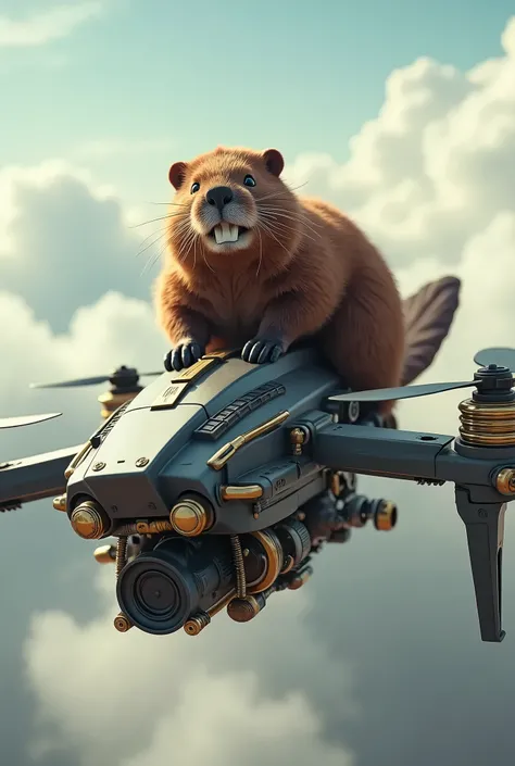 A majestic beaver riding on a high-tech quadcopter, aerial view, dynamic pose, mechanical details, brass and bronze elements, steampunk style, cinematic lighting, highly detailed, 8K, photorealistic