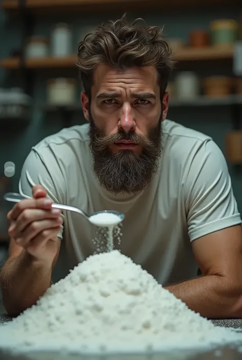 A man around 20 years old with short hair and a large beard that appears from the chest up, with an addict&#39;s face wearing a white t-shirt and holding a spoon and behind him a bakery counter with a pile of sugar on top and falling down the counter to th...