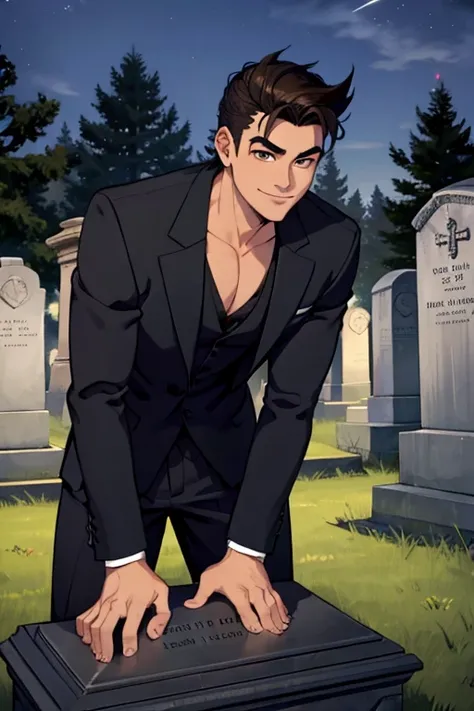 Perfect face. Perfect hands. A man with spiky black hair and brown eyes in a Gothic suit is leaning forward in the cemetery at night with a big smile.