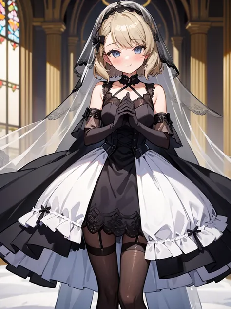 1girl, Masterpiece, Blush, Smile, Looking at viewer, Black leotard Wedding Dress, Black Wedding Veil, Indoor, church, Black Stocking, Black Garter Belt, Black Long Glove, 