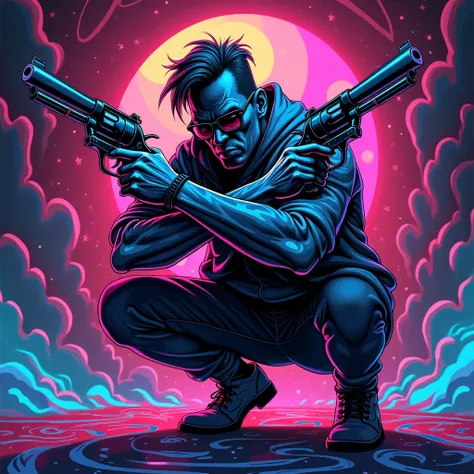 A dynamic 2D vector man crouching with a revolver in each hand,crossing his arms,in a psychedelic fantasy style,(best quality,4k,8k,highres,masterpiece:1.2),ultra-detailed,(realistic,photorealistic,photo-realistic:1.37),vibrant neon colors,intricate patter...