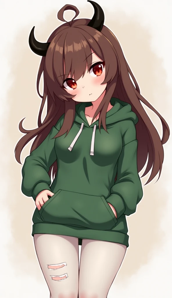 score_9, score_8_up, score_7_up, rating_safe, Cute girl, chara from undertale, brown hair, red eyes, long hair,Cabello sobre un ojo, small horns, green hooded sweater, off one shoulder, adorable girls, no pants, no bra, young girl, legs apart, smile, humil...