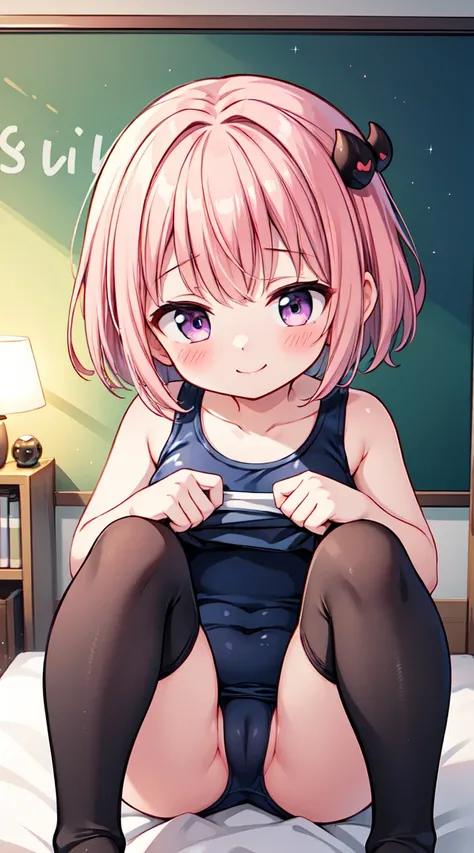 8k,Highest,quality,(highest quality:1.1), (masterpiece:1.4), (Confused:1.0), 
1 person, Deviluke Type, hair ornaments, Bobcut, Short Hair Pink Hair, Purple eyes, Center of chest,((School Swimsuit)), Her Room, (blush:1.2), smile,（Perfect Fingers）,Squat,Spre...