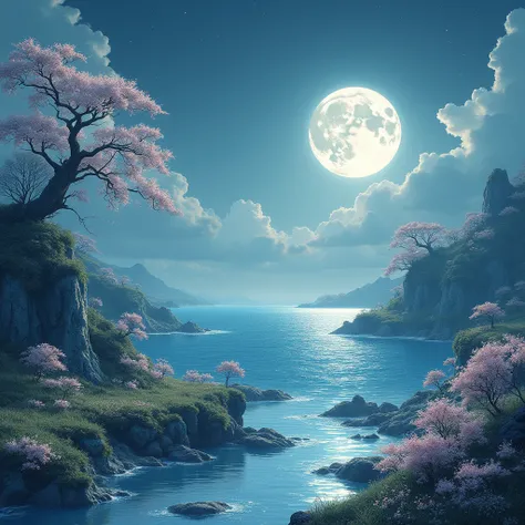 ancient chinese style, Spring river tides merge with the sea level, the bright moon rises with the tide over the sea. The shimmering waves spread thousands of miles, where cant the spring river be bright under the moon? The river winds around the fragrant ...